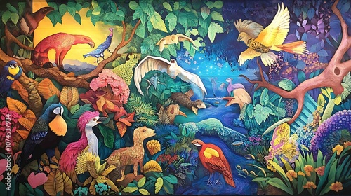 Colorful fantasy landscape with birds and animals. Illustration for children. photo