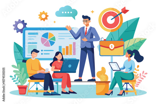 A facilitator conducts an engaging marketing training session with participants using laptops and notes Marketing training concept, illustrated in a flat style.