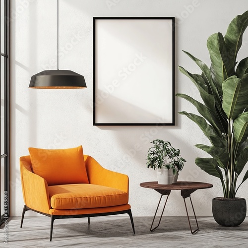 Modern interior with an orange armchair, large blank frame, wooden coffee table, and indoor plants in a bright, minimalist room with natural light