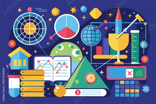 A colorful illustration showcasing various mathematical concepts, charts, and educational tools in a creative layout Math illustration