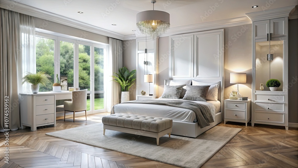 Fototapeta premium Elevate your living space with chic white bedroom furniture, offering sophisticated designs that enhance comfort and tranquility in your modern home for ultimate relaxation.