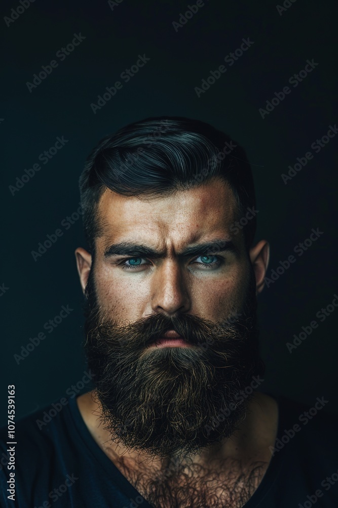 Intense bearded man with striking gaze and dark backdrop Intense bearded man with striking gaze and dark backdrop