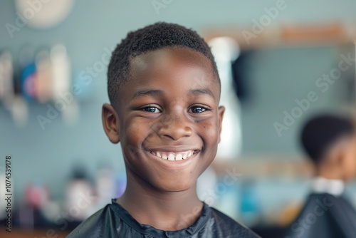 Happy boy with fresh haircut at barbershop, smiling cheerfully