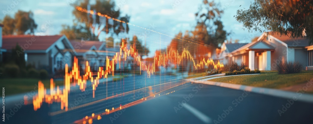 Floating inflation chart over quiet suburban street, photorealistic depiction of housing price increase