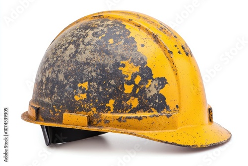 Worn yellow safety helmet showcasing signs of use and weathering. photo