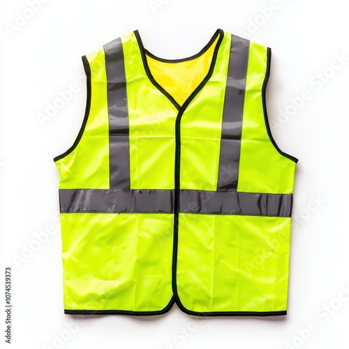 A bright yellow safety vest with reflective stripes for workplace visibility. photo