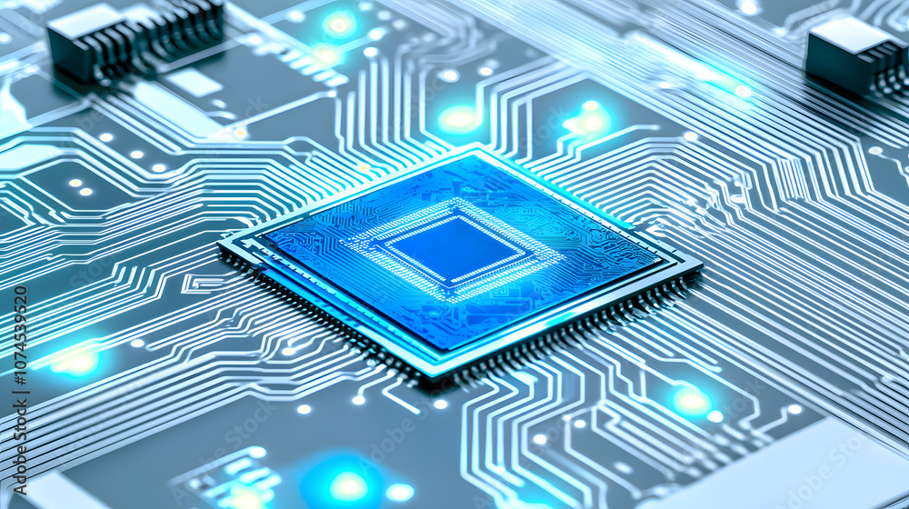 Close-up of a modern computer chip on circuit board. Close-up of a modern computer chip on circuit board.