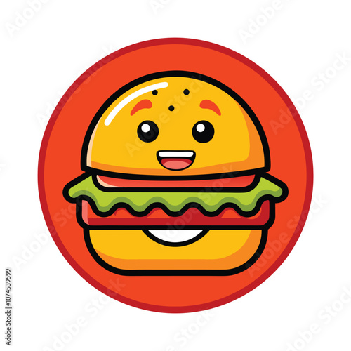 Cute Cartoon Burger Character Vector - Adorable and Playful Fast Food Illustration with Smiling Hamburger for Fun Food Art photo