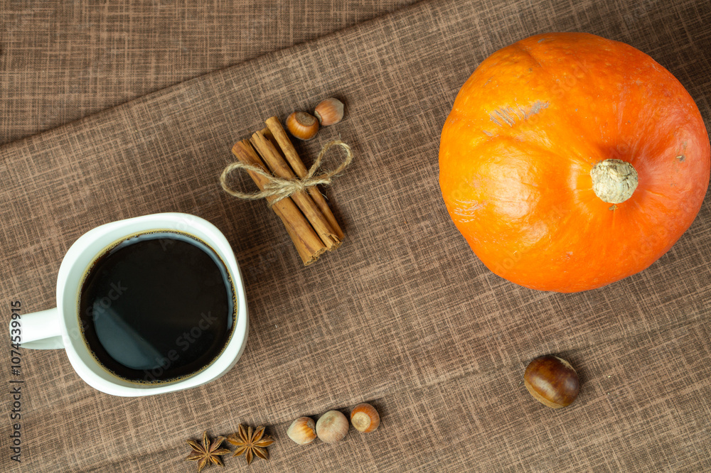 Pumpkin, chestnuts, anise, cinnamon, hazelnuts on a brown background. Top view, copy space