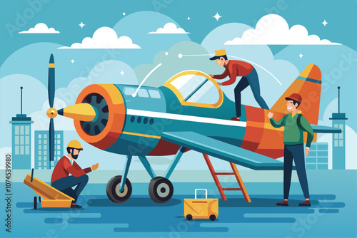 Team of mechanics diligently inspecting and repairing an airplane before its scheduled departure Mechanics fixing plane before takeoff, flat drawing
