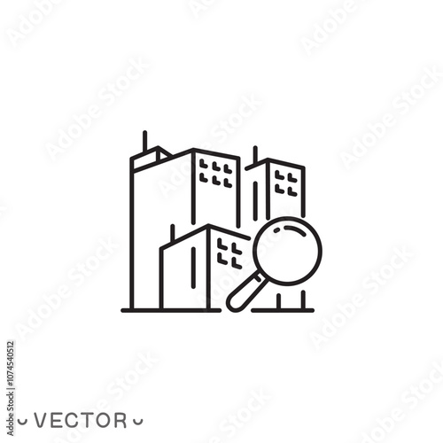 local government research icon, city building with magnifier, thin line symbol isolated on white background, editable stroke eps 10 vector illustration