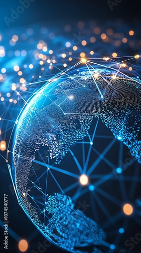 A futuristic hologram displaying a virtual globe with network connections symbolizing global digital transformation with side empty space for text Stockphoto style