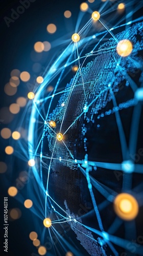 A futuristic hologram displaying a virtual globe with network connections symbolizing global digital transformation with side empty space for text Stockphoto style
