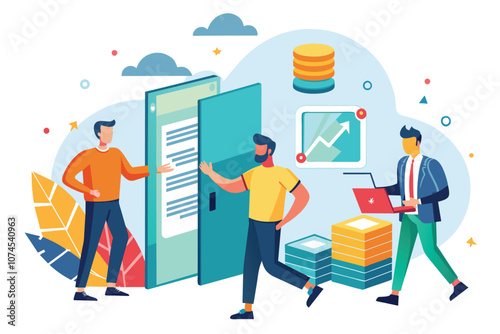Three men are collaborating on data entry and analysis in a bright office setting Men are entering popular data in a simple picture format.