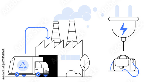 Factory with recycling truck unloading materials, smoke stacks, electric plug connected to a device. Ideal for sustainability, recycling, waste management, industrial processes, clean energy