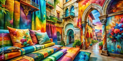 Stunning Architectural Photography Featuring Watercolor Paint on Fabric, Showcasing Unique Textures and Patterns in a Contemporary Setting with Natural Light and Vibrant Colors