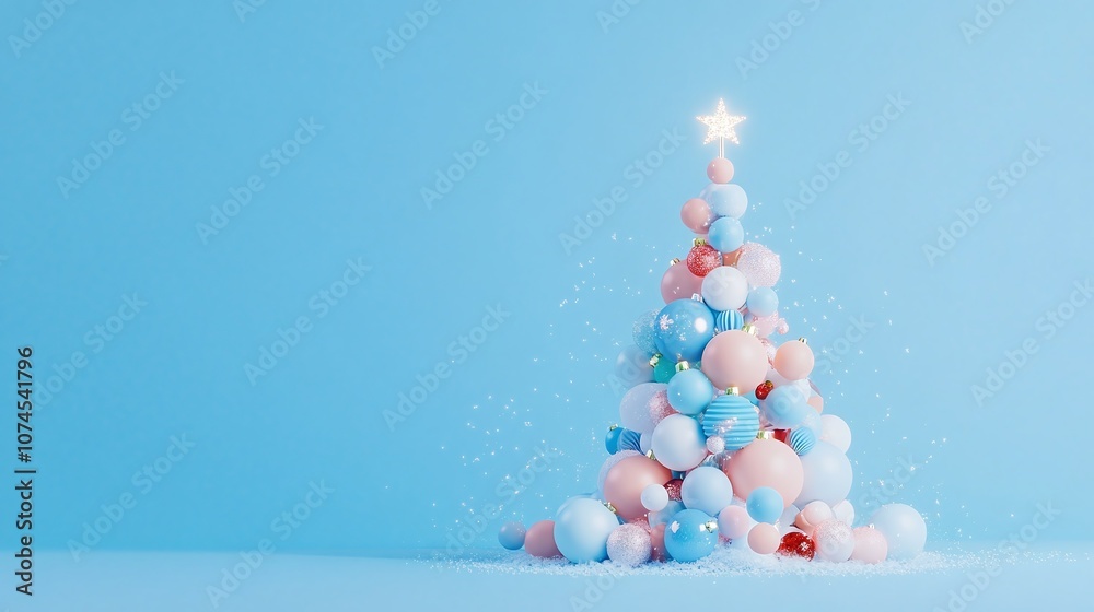 Fototapeta premium Colorful Christmas Tree Decorated with Soft Pastel Ornaments and a Shining Star on a Light Blue Background for a Festive Winter Celebration