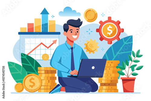 A man is engaged in investment activities on his laptop, surrounded by monetary symbols and charts Men invest and make money, simple picture