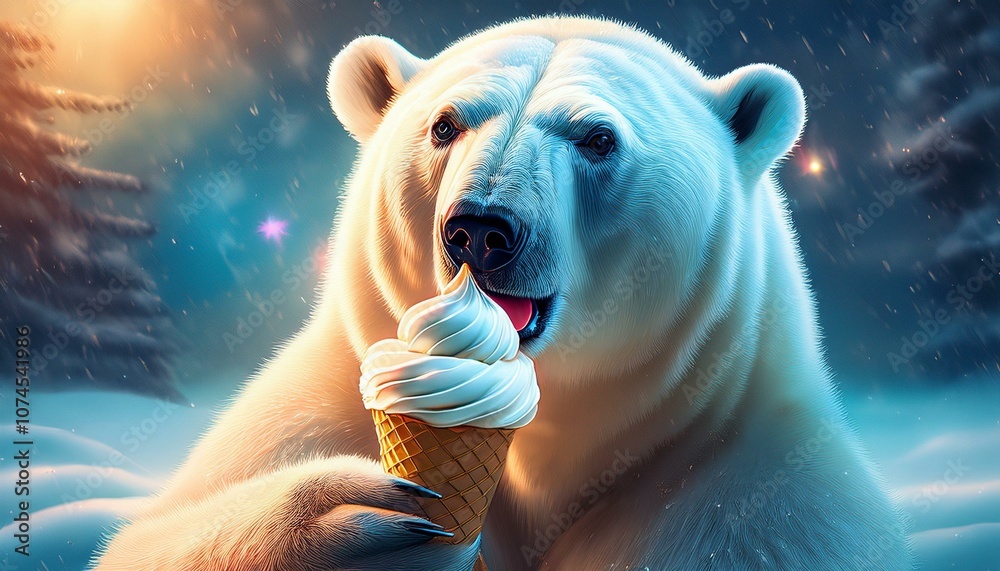 Fototapeta premium A polar bear eating an ice cream in the snowy weather