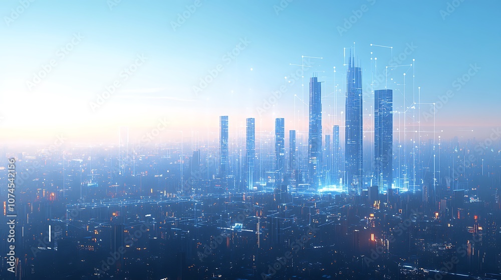 City skyline with digital connections represent, Network connection technology on the city City skyline with digital connections represent, Network connection technology on the city