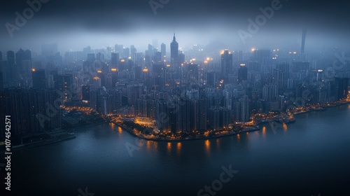 A panoramic aerial view of a city skyline at dusk, with fog and lights reflecting off the water.