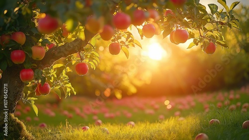 Fototapeta Naklejka Na Ścianę i Meble -  An apple tree provides backlighting in a summer meadow.