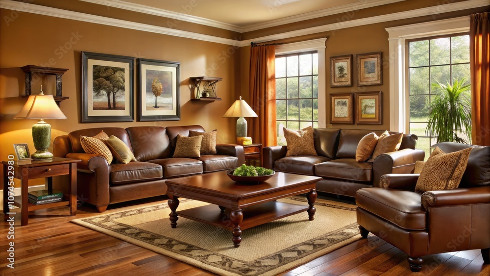 Fototapeta premium Enhance your living room's charm with beautiful paint colors that harmonize with brown furniture, establishing a warm and inviting atmosphere for comfort and style.