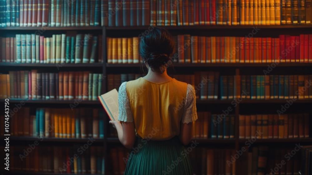 A woman stands in front of a bookshelf, holding a book A woman stands in front of a bookshelf, holding a book