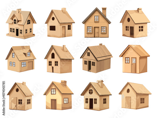 Cardboard house buildings set. Box buildings for kids children games. Big toy constructions. House mansions real estate mini paper copie. Cartoon style isolated vector clipart collection
