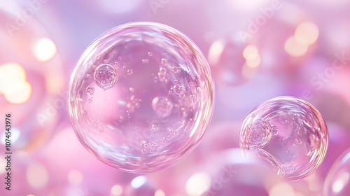 Transparent liquid bubble encapsulating a molecule on a soft minimal background ideal for cosmetic essence concepts 3D rendering