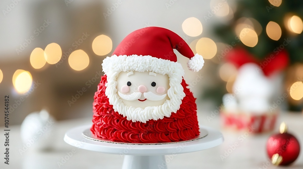 Celebratory Santa Hat Cake with Vibrant Red Frosting and Fluffy White Fondant Trim Featuring a Cute Smiling Santa Face Detail Celebratory Santa Hat Cake with Vibrant Red Frosting and Fluffy White Fondant Trim Featuring a Cute Smiling Santa Face Detail