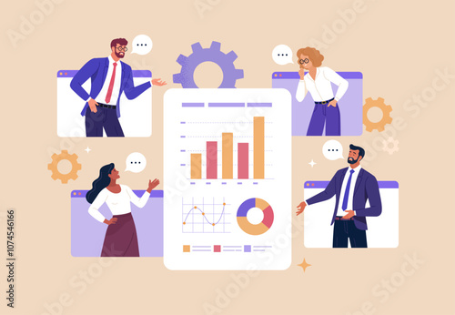 Online Business Analytics Concept. Vector illustration of diverse people in web page windows discussing statistical graphs. Isolated on background