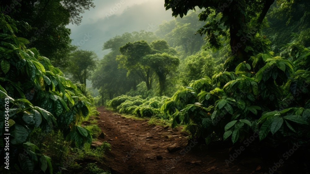 Lush coffee plantation on a foggy morning Lush coffee plantation on a foggy morning
