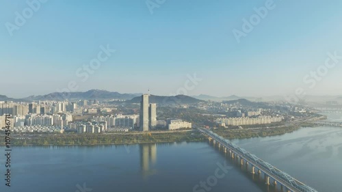 Wallpaper Mural Drone View of Seoul city in Sunrise of Dongjak-gu, Han River, Autumn, 60fps Torontodigital.ca