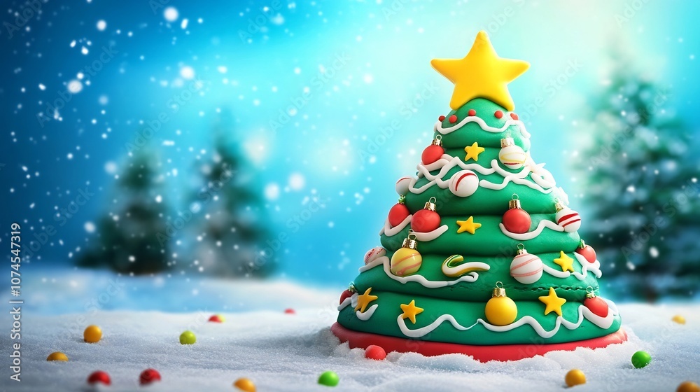 Whimsical 3D Christmas Tree Cake with Cartoon Ornaments Colorful Candy Stars and a Bright Yellow Star on Top Festive Holiday Dessert Confection Whimsical 3D Christmas Tree Cake with Cartoon Ornaments Colorful Candy Stars and a Bright Yellow Star on Top Festive Holiday Dessert Confection