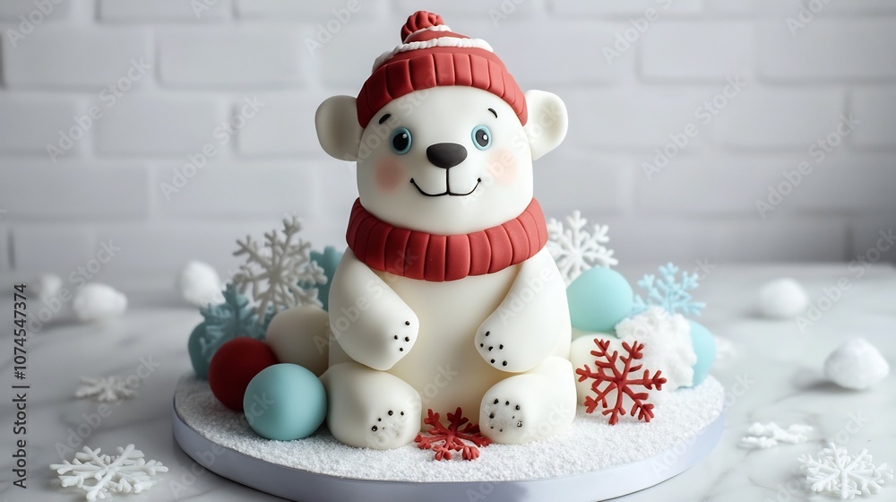 Fototapeta premium Whimsical 3D polar bear cake decorated with a cozy winter hat scarf and surrounded by festive snowflakes perfect for Christmas birthday or other winter