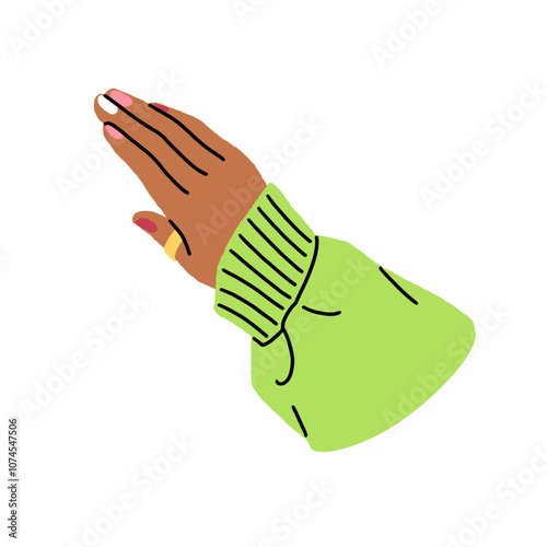 Female hand with bright manicure and in green sweater. Woman with golden jewelry, ring on finger. Girl has colourful nails. Beauty and skin care. Flat isolated vector illustration on white background