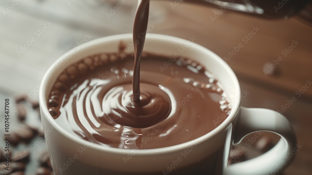 A stream of hot chocolate pours into the cup A stream of hot chocolate pours into the cup