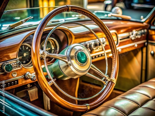 Stunning Slow Motion Shot Capturing the Elegance of a Classic Car Interior and Steering Wheel, Emphasizing the Luxury of Vintage Automotive Design in Detail