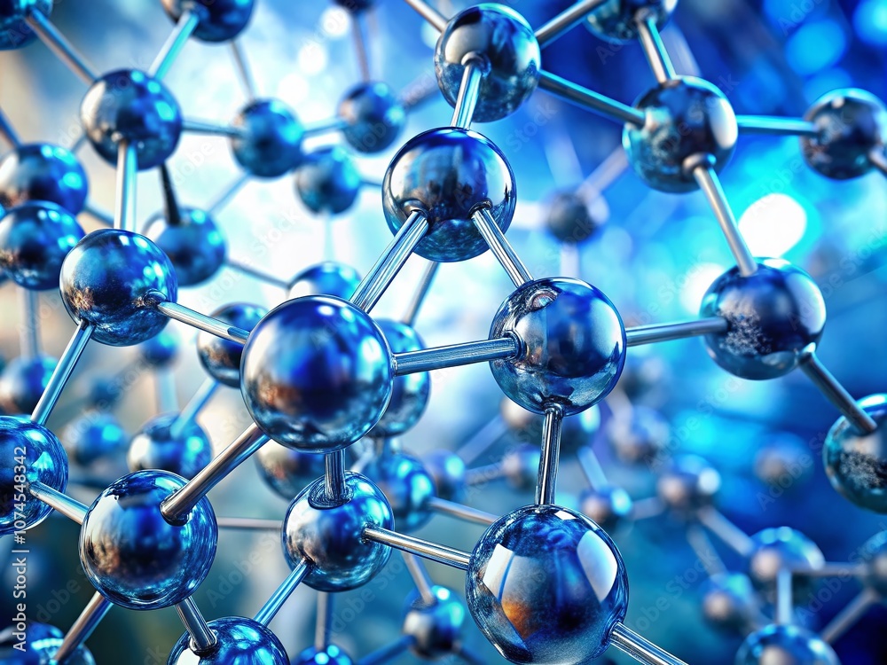Stunning Tilt-Shift Photography of a 3D Molecular Structure Featuring Blue Transparent Spheres and Interconnected Links in a Scientific Design for Educational and Research Purposes Stunning Tilt-Shift Photography of a 3D Molecular Structure Featuring Blue Transparent Spheres and Interconnected Links in a Scientific Design for Educational and Research Purposes