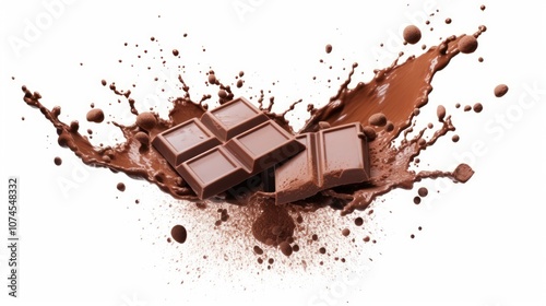 Chocolate bar pieces falling into chocolate splash on a white background