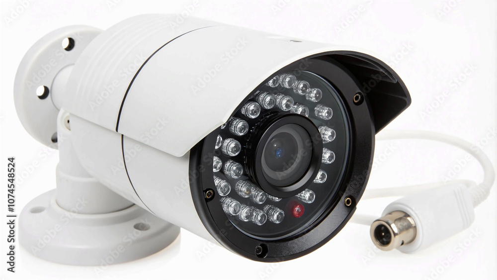 close-up of a CCTV camera with infrared night vision LEDs, isolated on white to highlight its advanced features. close-up of a CCTV camera with infrared night vision LEDs, isolated on white to highlight its advanced features.
