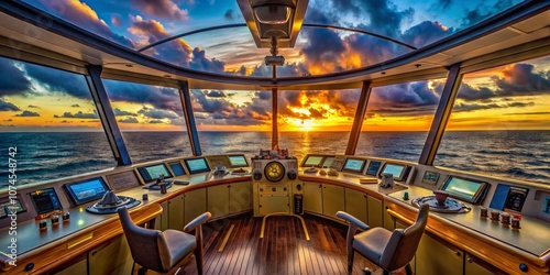 Stunning View from the Bridge of a Large Cruise Ship Pilothouse, Showcasing Command Center with Advanced Navigation Equipment and Scenic Ocean Background photo