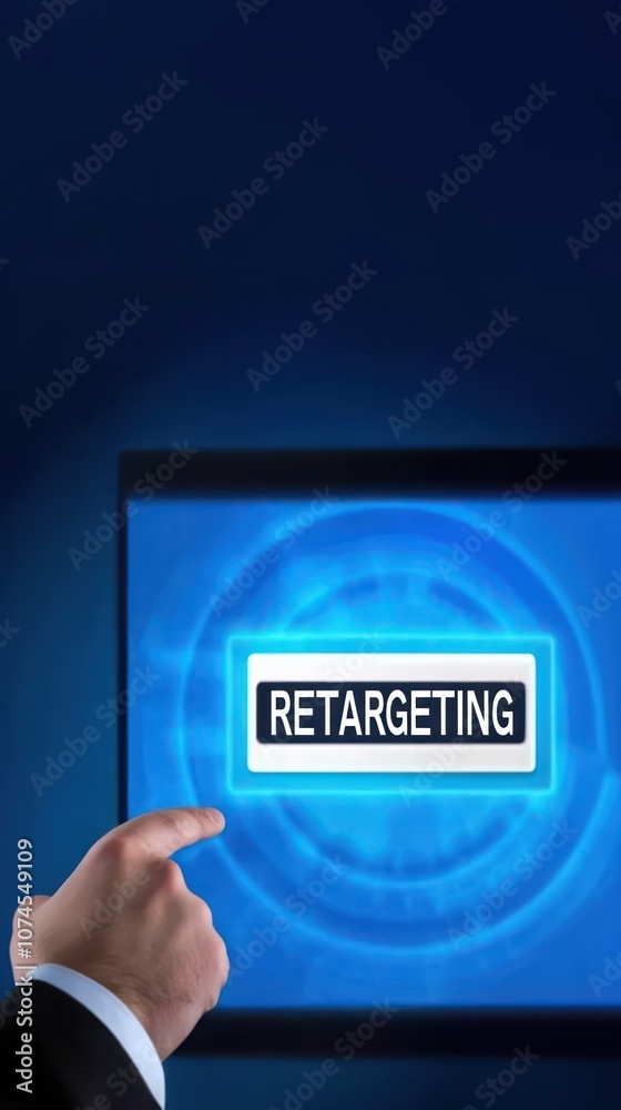 Businessman points at RETARGETING button on virtual screen, customer engagement, digital marketing, targeted advertising, retargeting ads