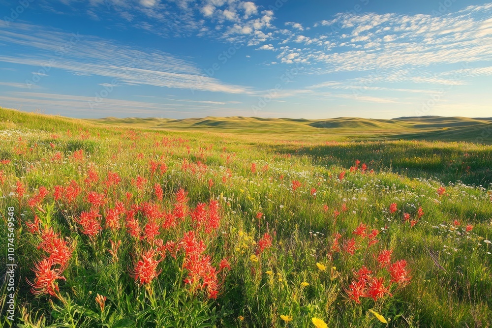 A field of colorful wildflowers grows in a remote area, surrounded by rolling hills and open skies A field of colorful wildflowers grows in a remote area, surrounded by rolling hills and open skies