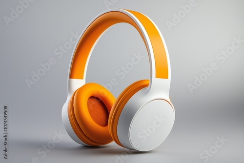 A pair of orange and white headphones on a gray background, high-angle view, simple composition