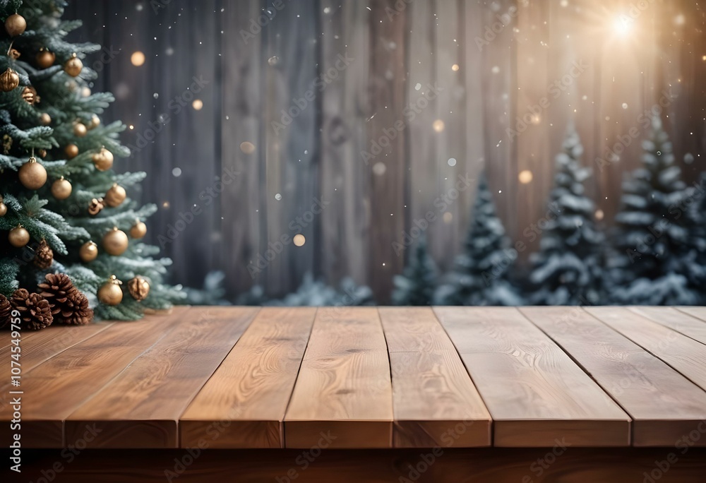 Festive Christmas table mockup with wooden backdrop, decorated with snowy pine trees and warm lighting Festive Christmas table mockup with wooden backdrop, decorated with snowy pine trees and warm lighting
