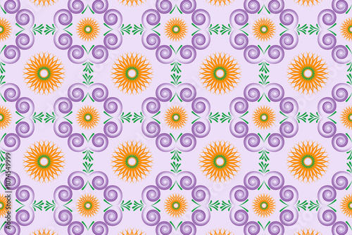 Colorful floral pattern design with swirling shapes and sun motifs on pastel background