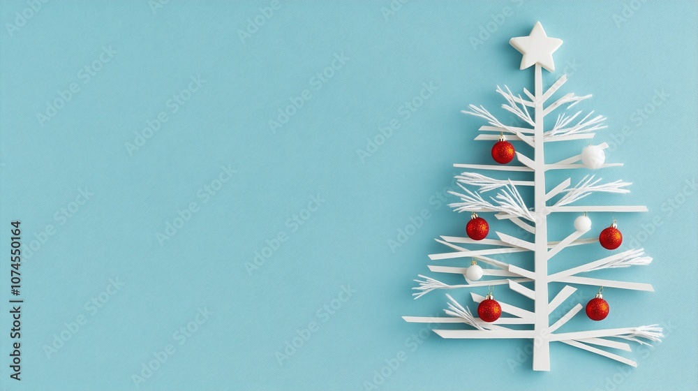 Minimalist Christmas Tree Decoration on a Blue Background with Ornaments, Celebrating the Festive Spirit and Joy of the Holiday Season