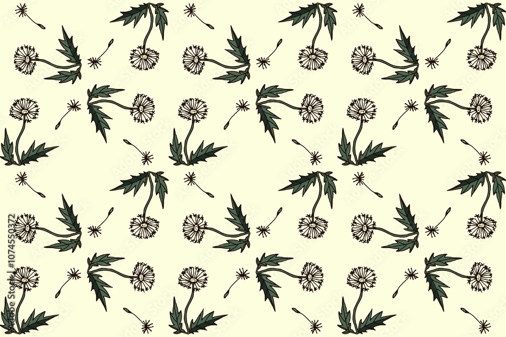 Dandelion pattern with leaves on a soft cream background showcases nature\'s beauty Dandelion pattern with leaves on a soft cream background showcases nature\'s beauty